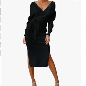 Cutiefox New Years Sweater wrap v neck Dress Long Sleeve Bodycon Knit Midi